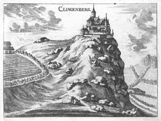 Engraving, view of Klingenberg castle, Upper Austria
